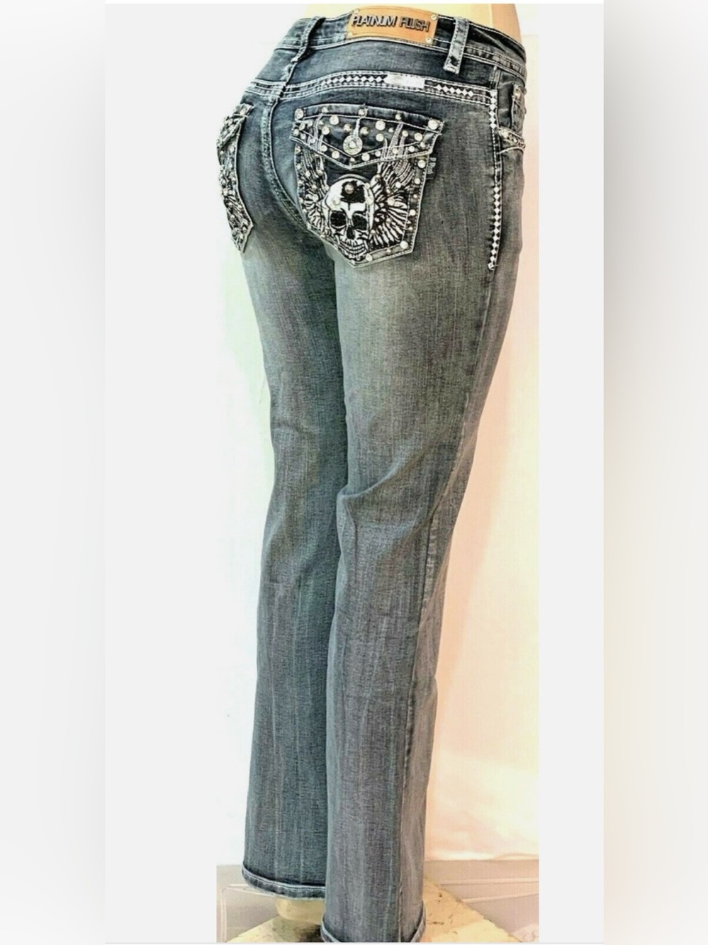 PLATINUM PLUSH LADIES SKULL & WINGS RHINESTONE DENIM BOOT CUT JEANS STYLE #4013